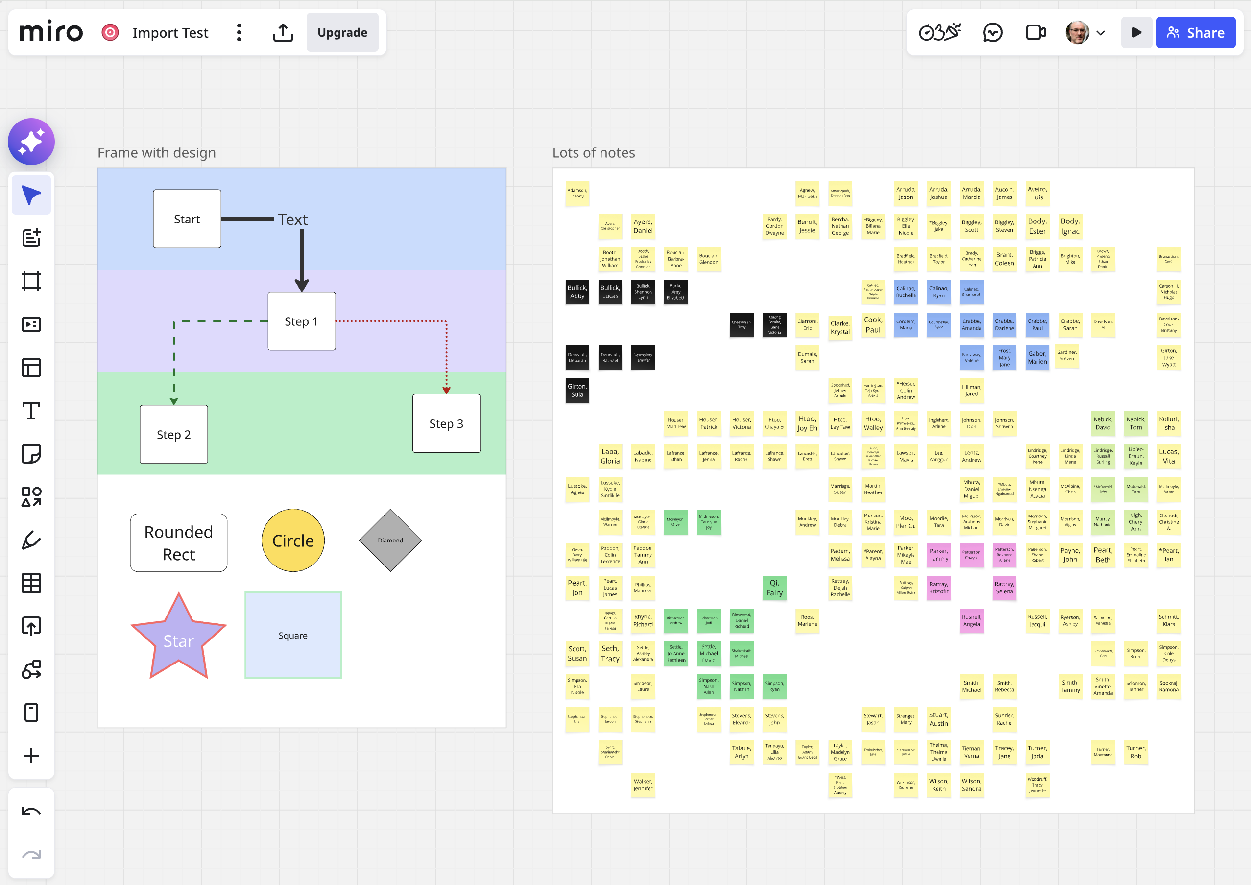 An Import Test board in Miro: a design frame with shapes and connectors, and a frame holding several hundred sticky notes